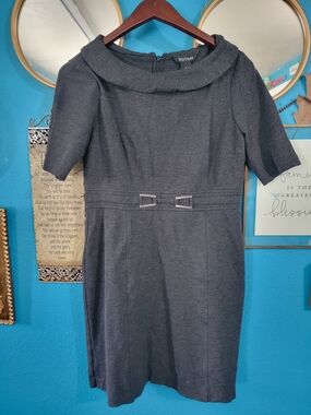 White House Black Market Charcoal Gray Sheath Dress with Chic Waist Buckle